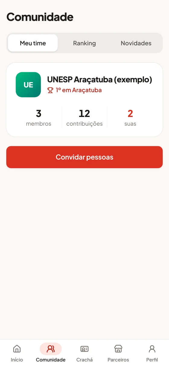 Aba Comunidade do aplicativo Doe+, com o time do membro, contribuições e botão de convidar pessoas