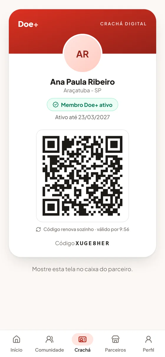 Crachá digital do membro no aplicativo Doe+, com QR Code que renova sozinho