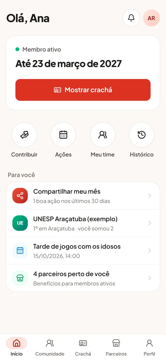 Tela inicial do aplicativo Doe+ logado, com situação de membro ativo e atalhos