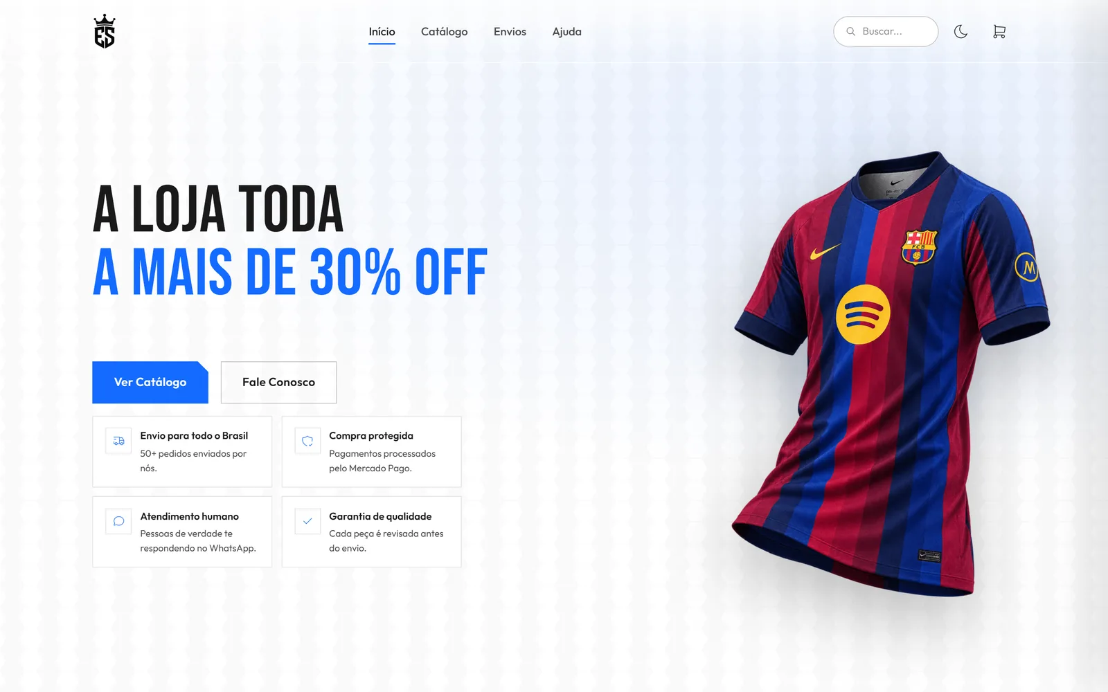 Página inicial da loja Eternal Sports, com a camisa em destaque, chamada de promoção e os diferenciais da loja