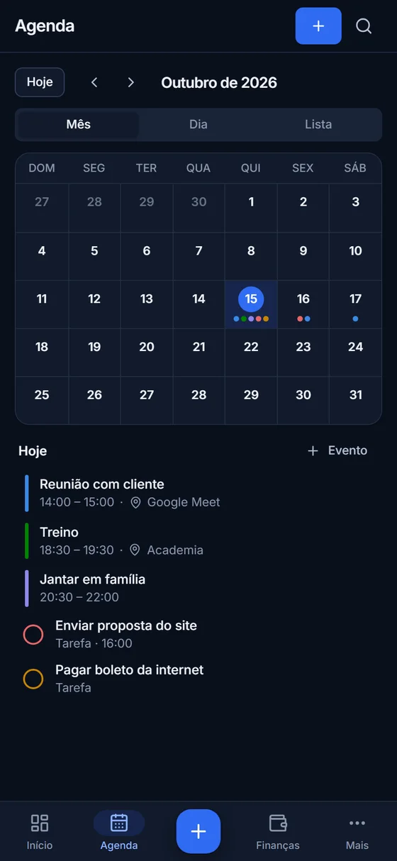 Agenda do aplicativo Nexus com calendário do mês e compromissos de hoje