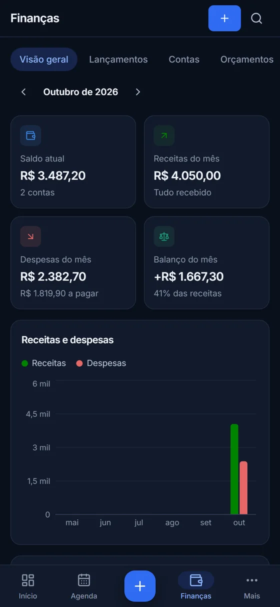 Visão geral de finanças do aplicativo Nexus, com saldo, receitas, despesas e gráfico