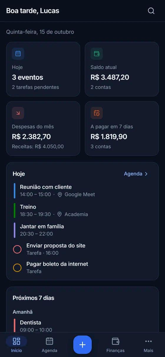 Tela inicial do aplicativo Nexus com eventos do dia, tarefas, saldo e contas a pagar