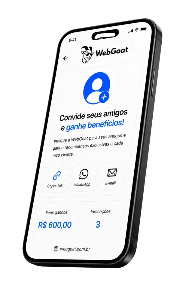 Celular mostrando a tela de convite de amigos com ganhos e indicações da WebGoat