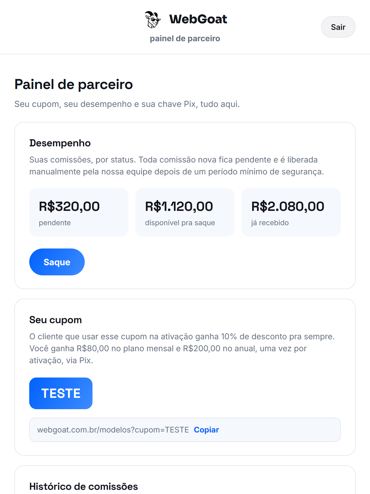 Painel de parceiro mostrando comissões pendentes, disponíveis e já recebidas, com o cupom TESTE