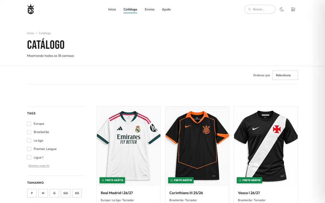 Catálogo da loja Eternal Sports, com camisas de futebol e selos de frete grátis